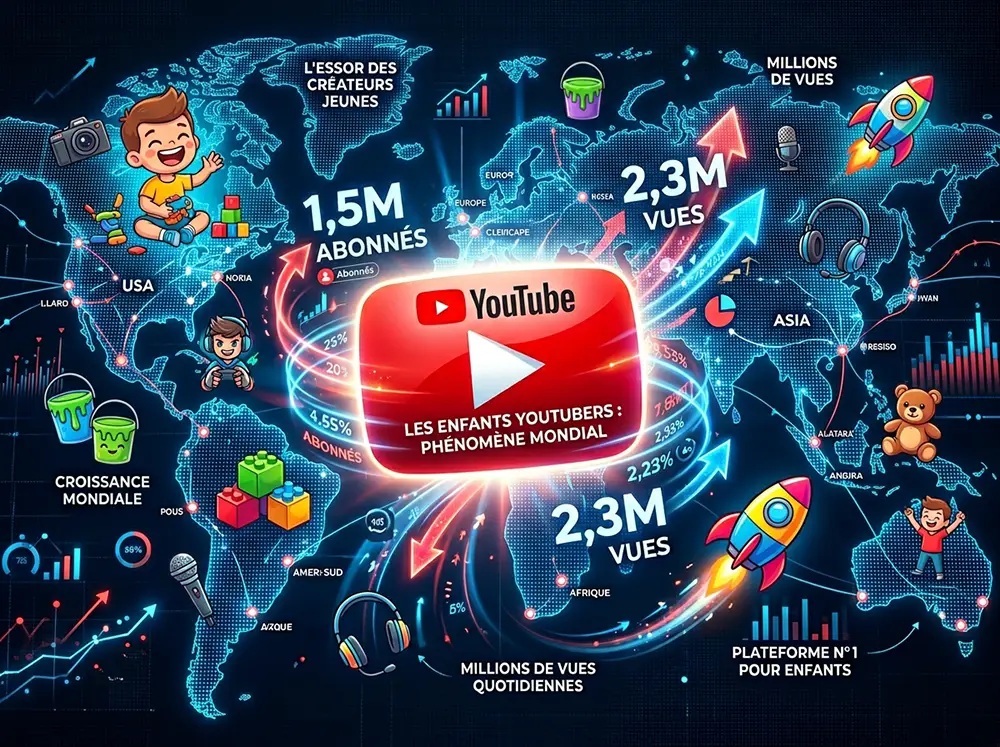 Visualisation des chiffres d'abonnés des chaînes YouTube d'enfants dans le monde, représentant l'ampleur du phénomène des youtubeurs enfants