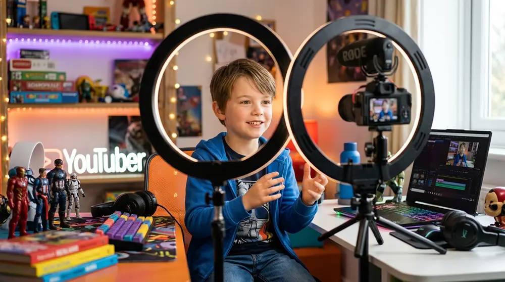 Enfants youtubeurs : le phénomène kidfluencing de l’ère numérique Jeune enfant youtubeur filmant une vidéo YouTube dans un studio maison coloré, représentant le phénomène des enfants créateurs de contenu