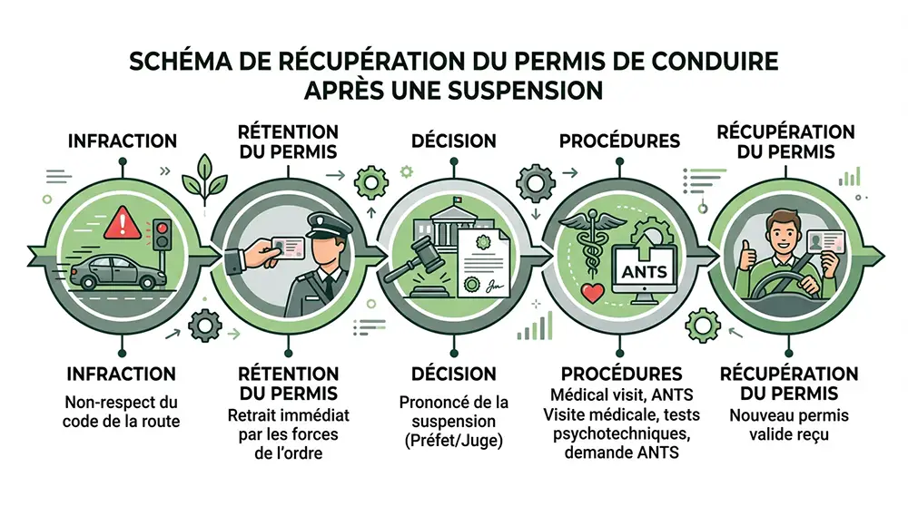 Infographie en timeline montrant les cinq étapes de récupération du permis de conduire