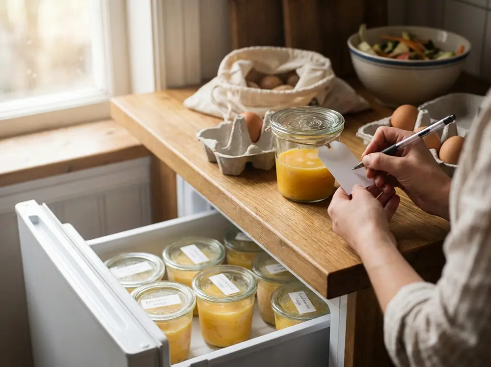 Mains étiquetant un contenant hermétique d'œufs congelés dans le congélateur