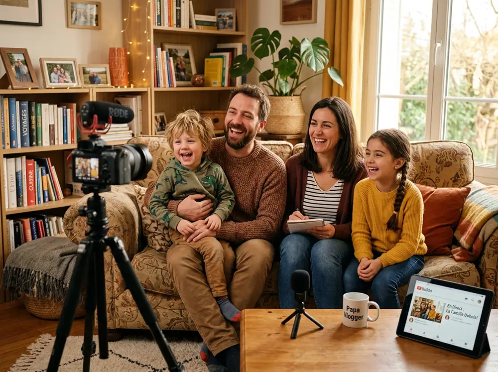 Famille francophone filmant un vlog YouTube ensemble dans leur salon, illustrant le phénomène des chaînes familiales d'enfants youtubeurs en France et au Québec