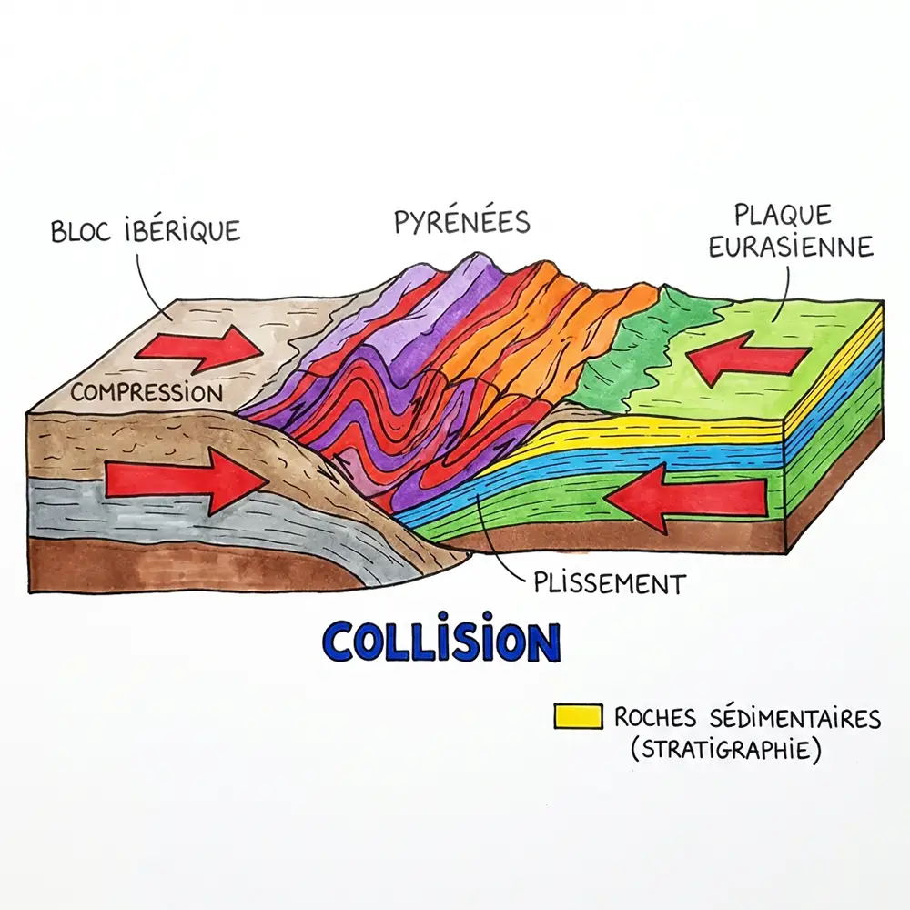 Coupe géologique transversale des Pyrénées montrant le plissement des couches lors de la collision tectonique