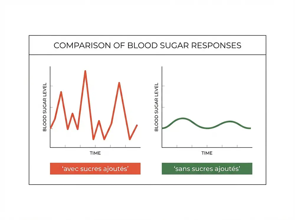 Infographie comparative de deux courbes de glycémie, l'une avec pics et l'autre stable après suppression des sucres ajoutés