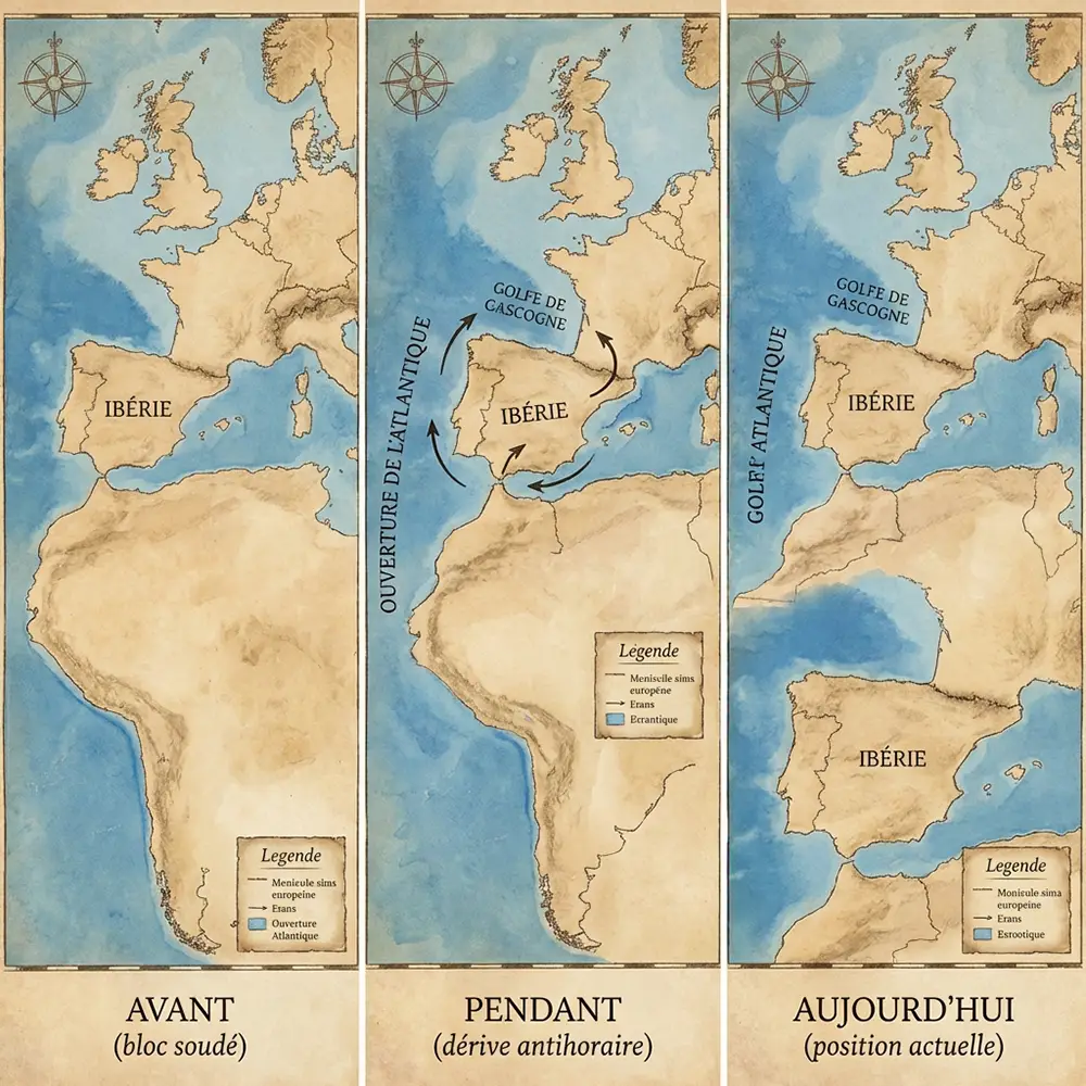 Carte paléogéographique en trois étapes montrant la dérive antihoraire du bloc ibérique lors de l'ouverture de l'Atlantique