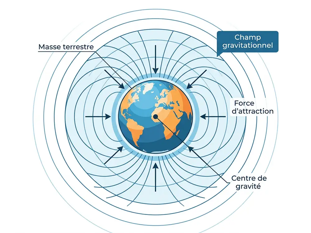 Illustration éducative scientifique montrant le champ gravitationnel de la Terre avec lignes de force concentriques prouvant l'absurdité du projet Anchor