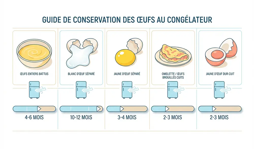 Infographie des durées de conservation des différentes formes d'œufs au congélateur