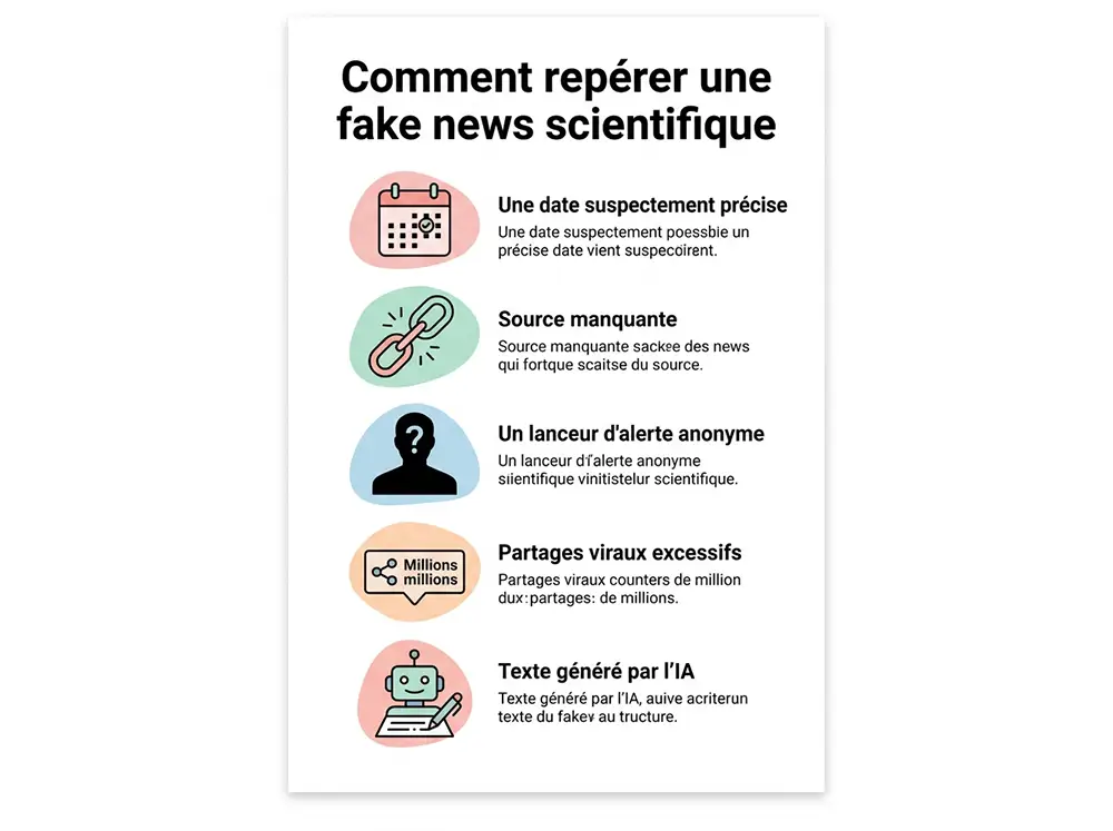 Infographie intitulée "Comment repérer une fake news scientifique" avec 5 signes d'alerte illustrés : date précise suspecte, source manquante, lanceur d'alerte anonyme, compteur viral, robot IA écrivant, palette de couleurs pastel