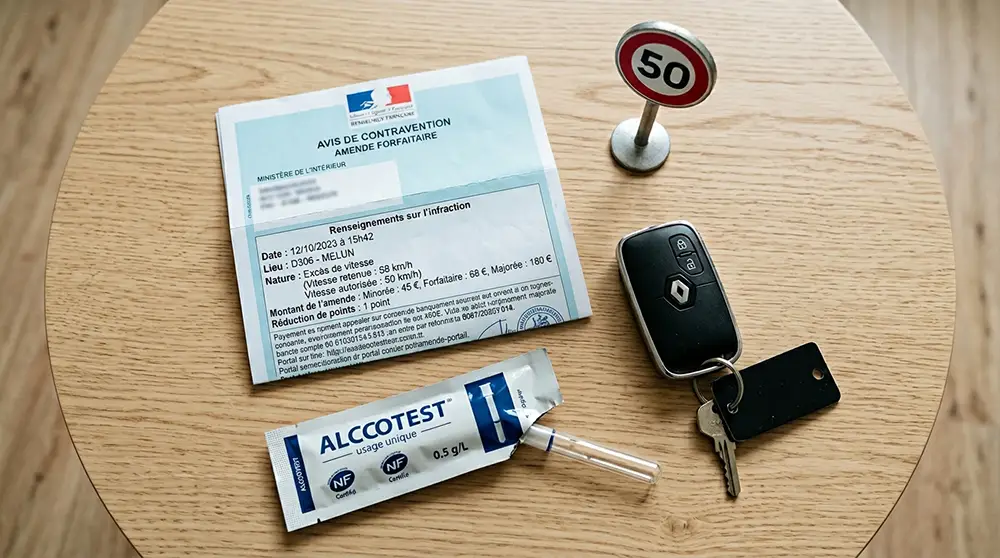 Illustration d'un éthylotest et d'un radar de vitesse symbolisant les principales causes de retrait de permis
