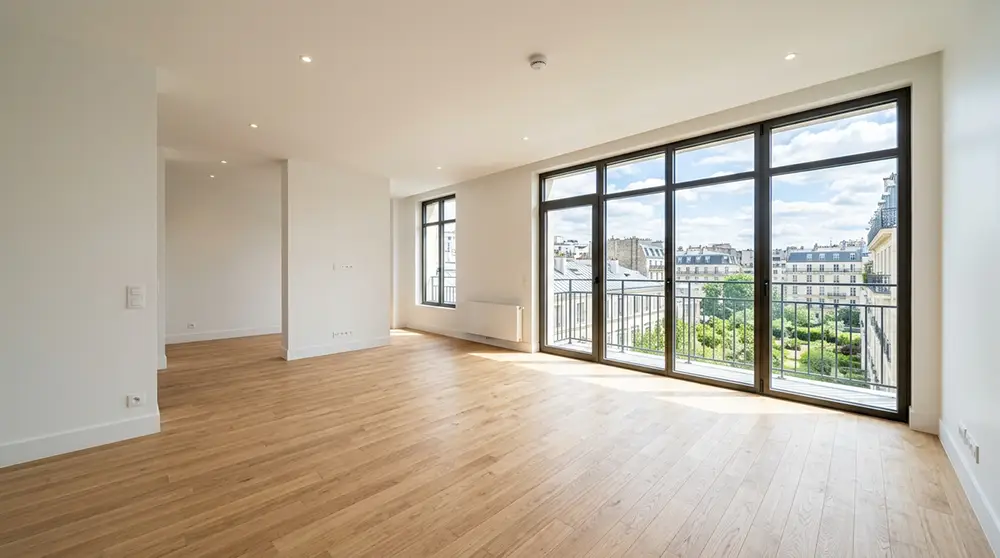 Appartement neuf vide lumineux avec parquet clair et grandes baies vitrées au moment de la remise des clés