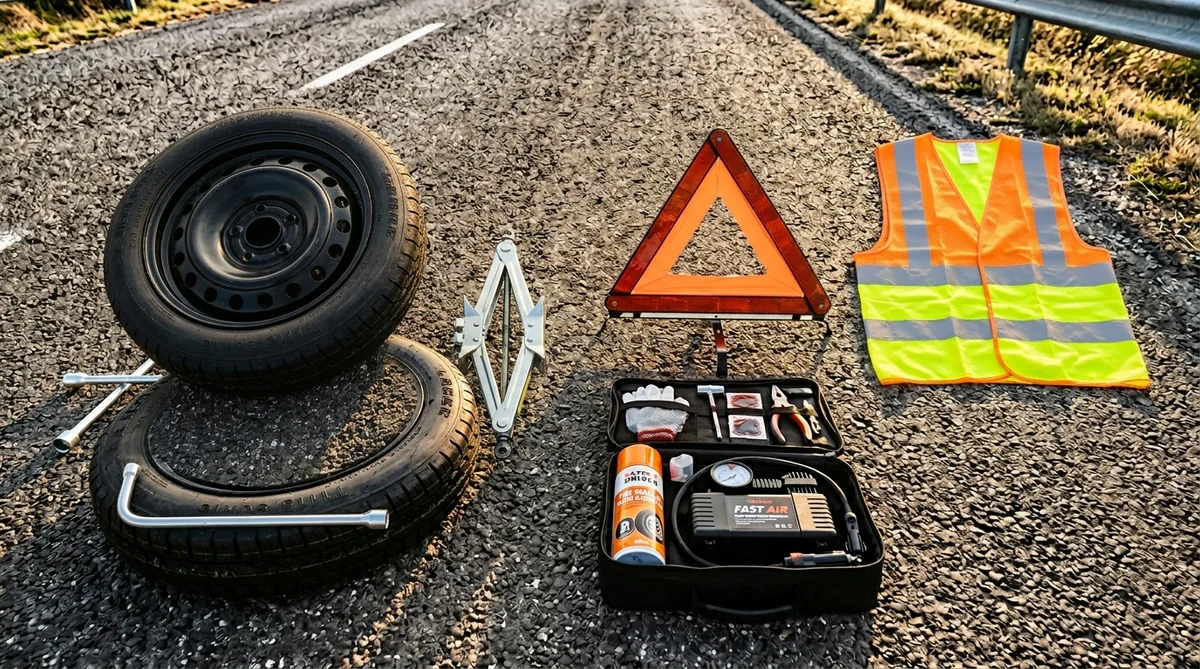 Kit anti-crevaison, roue de secours galette et triangle de signalisation Kit anti-crevaison avec bombe et compresseur, roue de secours galette et gilet réfléchissant sur l'asphalte en cas de crevaison