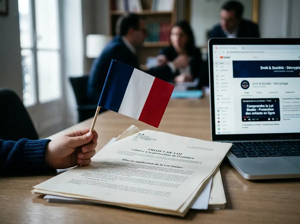 Représentation de la loi Studer française protégeant les enfants youtubeurs et influenceurs de moins de 16 ans sur les plateformes en ligne