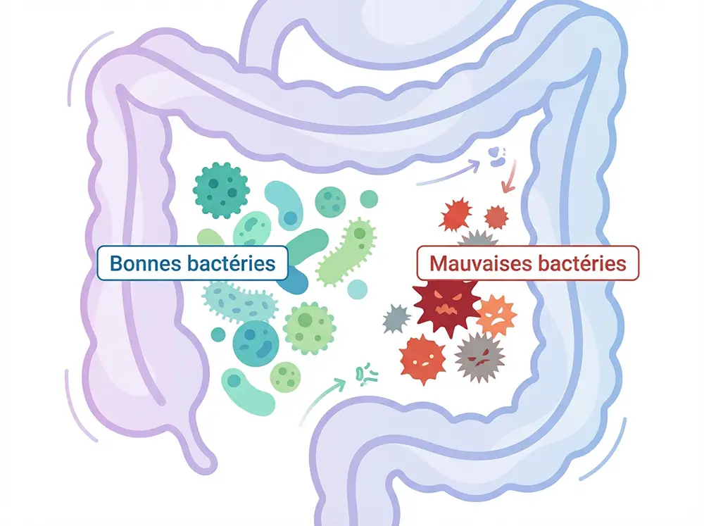 Illustration scientifique de l'intestin avec bonnes et mauvaises bactéries représentant le rééquilibrage du microbiote après arrêt du sucre