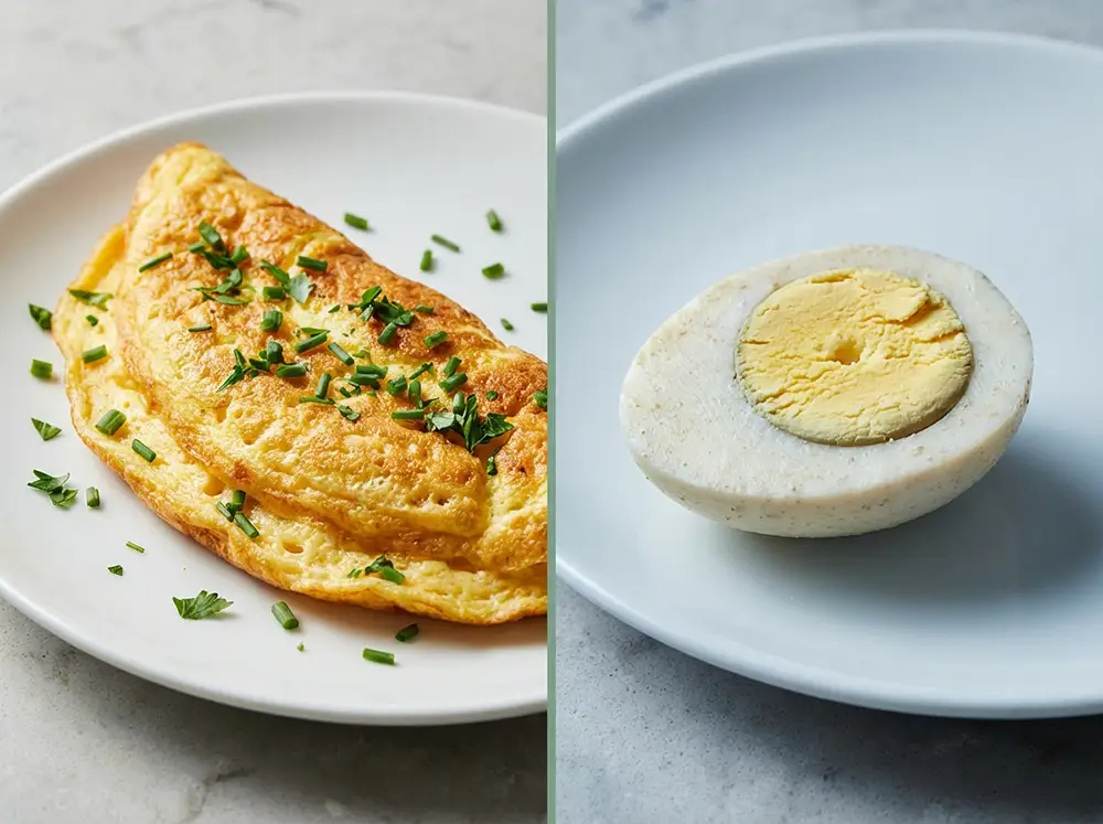 Comparaison entre une omelette décongelée et un œuf dur congelé avec blanc caoutchouteux