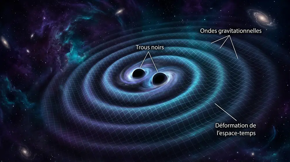 Illustration spatiale de deux trous noirs en spirale émettant des ondes gravitationnelles visibles comme des ondulations dans la grille représentant l'espace-temps