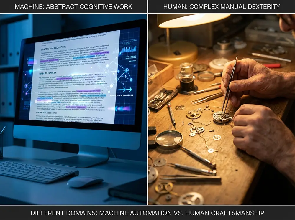 Diptyque illustrant le paradoxe de Moravec : analyse juridique automatisée par IA à gauche, assemblage artisanal manuel à droite