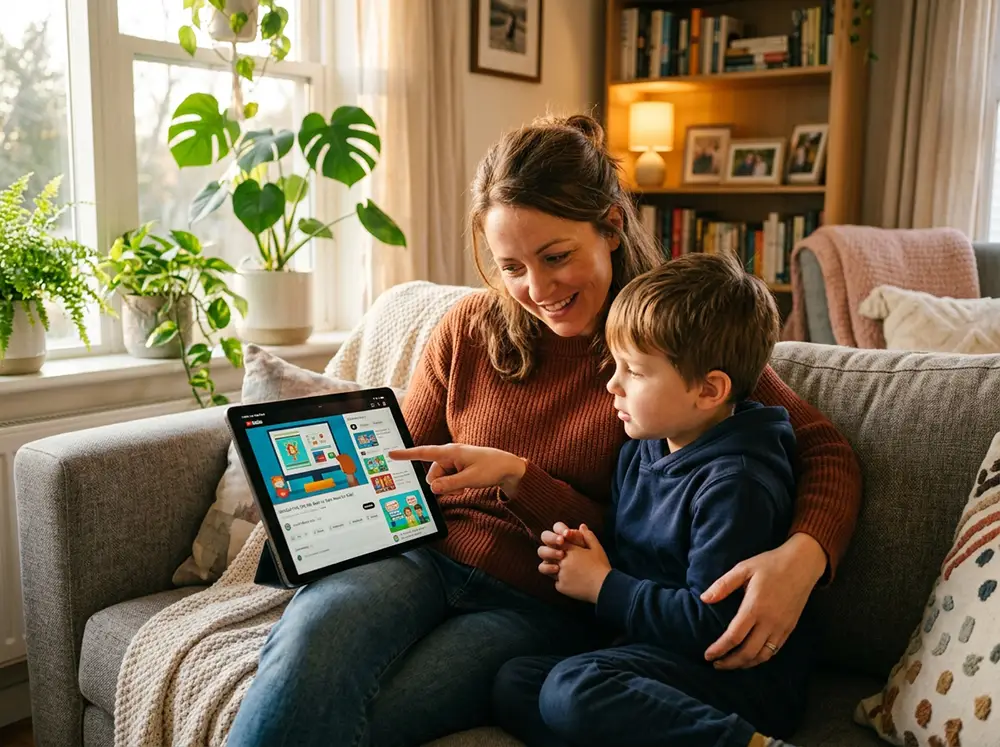 Parent et enfant regardant ensemble une tablette montrant une vidéo YouTube, illustrant l'accompagnement parental et l'éducation aux médias numériques