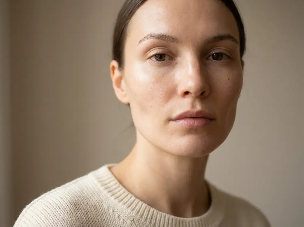 Gros plan sur un visage féminin au teint lumineux illustrant les bienfaits de l'arrêt du sucre sur la peau et le collagène