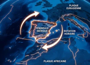 Portugal et Espagne en rotation : ce que la géologie révèle sur le destin de la péninsule ibérique Vue spatiale de la péninsule ibérique avec flèches de rotation horaire entre les plaques africaine et eurasienne
