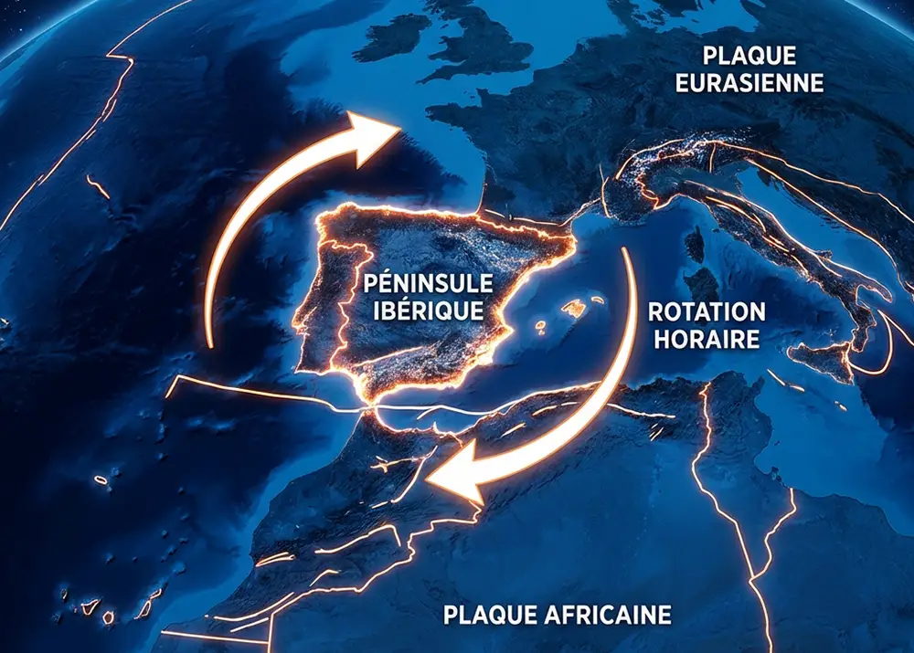 Portugal et Espagne en rotation : ce que la géologie révèle sur le destin de la péninsule ibérique Vue spatiale de la péninsule ibérique avec flèches de rotation horaire entre les plaques africaine et eurasienne