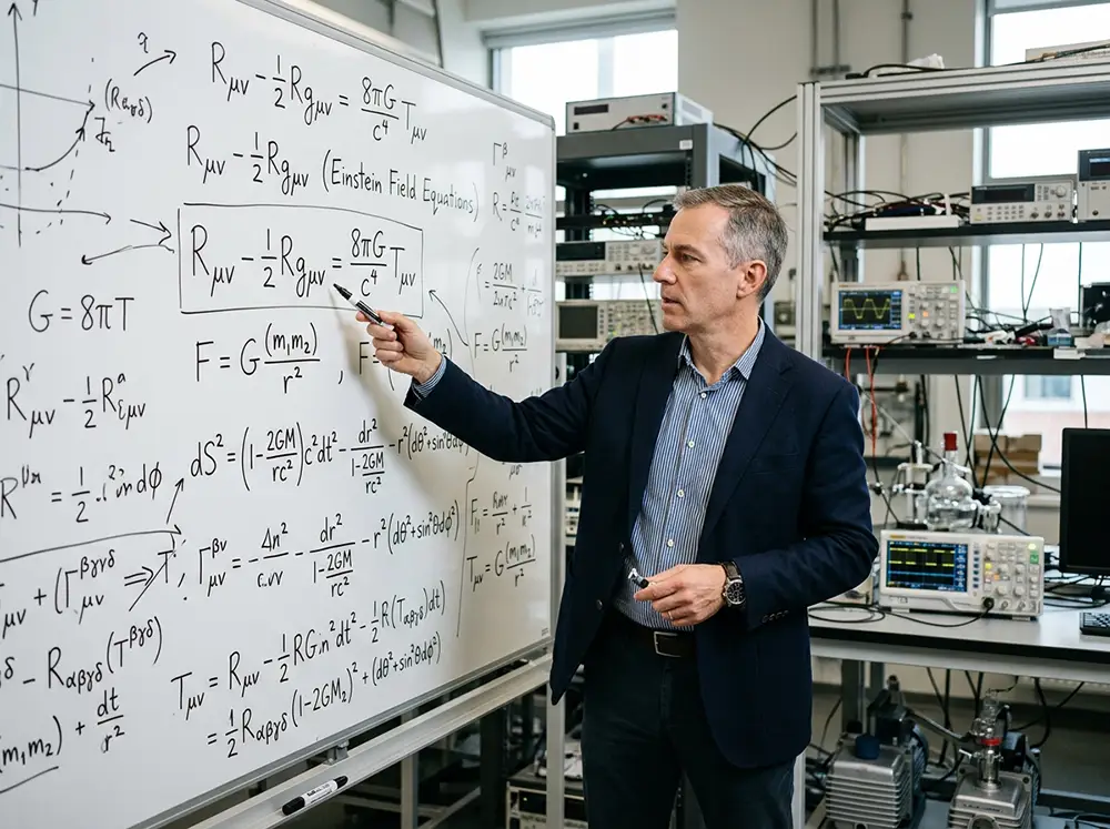 Scientifique devant un tableau blanc avec des équations de relativité générale dans un laboratoire moderne