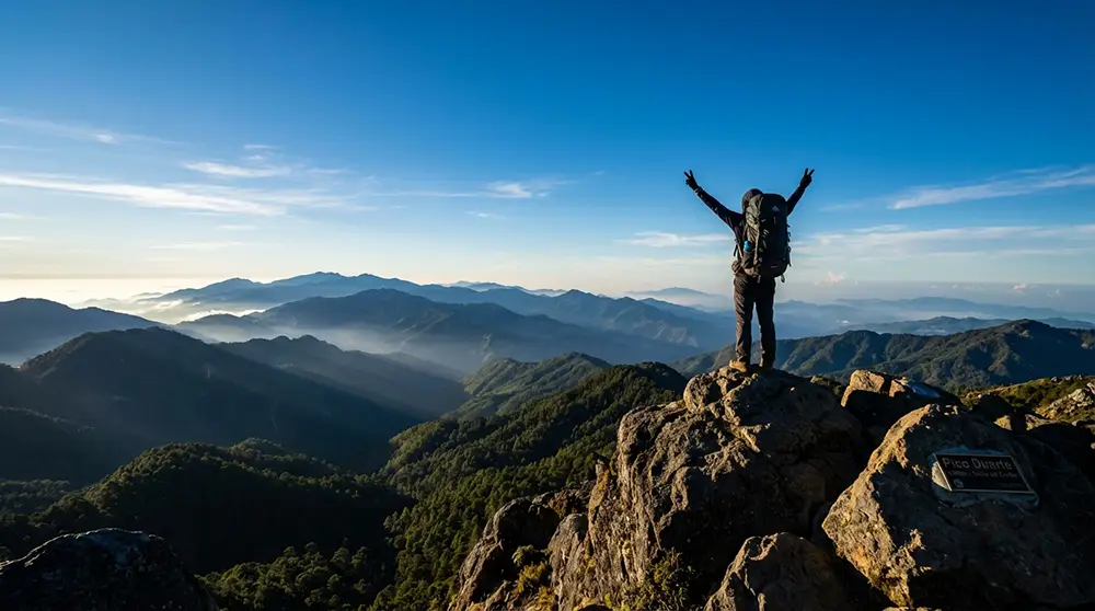 Randonneur au sommet du Pico Duarte (3 098 m), plus haut sommet des Caraïbes, en République dominicaine