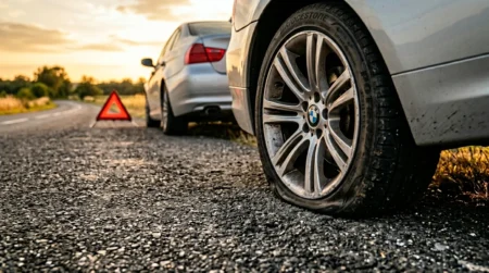 Rouler avec un pneu dégonflé jusqu’au garage : ce que dit vraiment le Code de la route Pneu complètement dégonflé sur la route avec la jante touchant l'asphalte et triangle de signalisation en arrière-plan