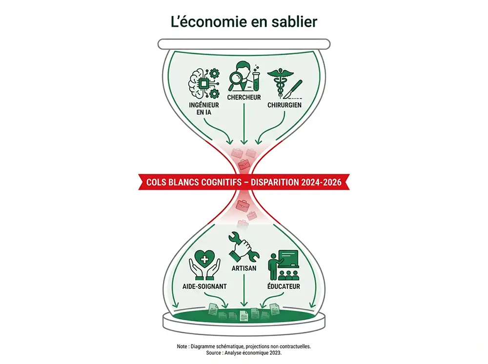 Infographie en sablier illustrant la polarisation de l'emploi par la transformation IA : disparition des cols blancs cognitifs intermédiaires