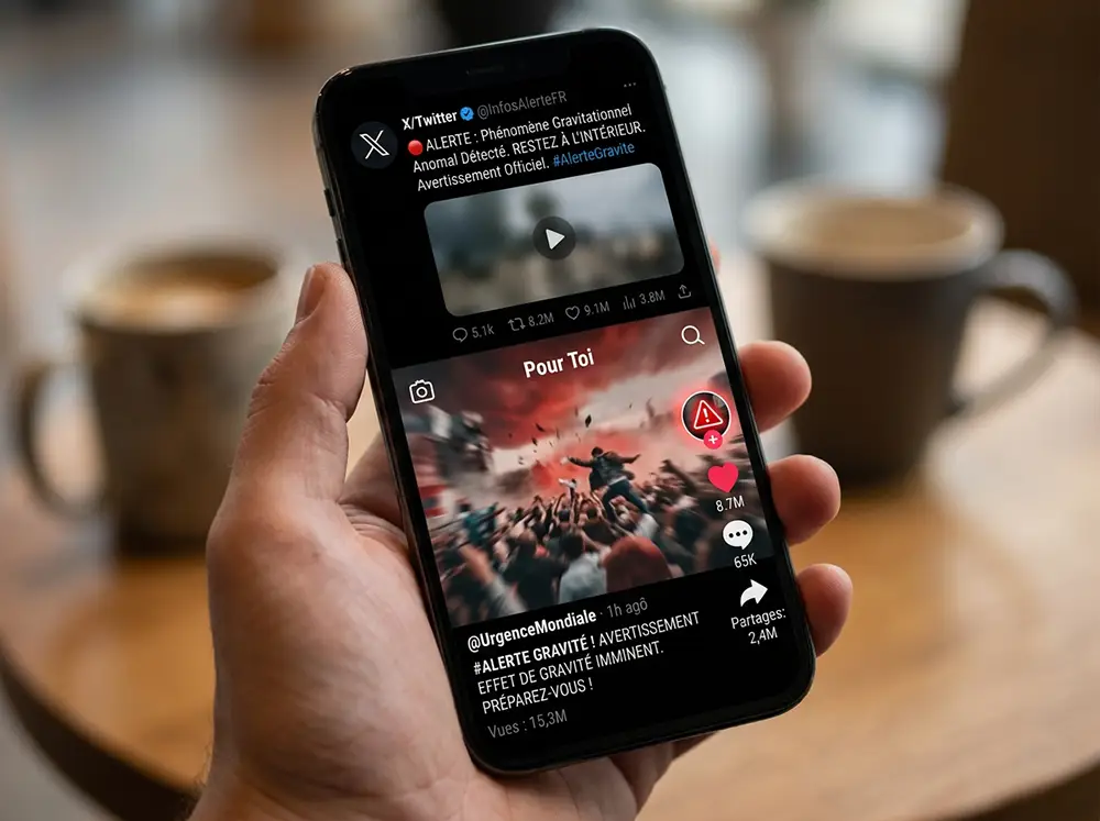 Gros plan d'un écran de smartphone affichant des flux de réseaux sociaux (TikTok, Instagram, X) avec miniatures virales d'alerte gravité, projet anchor, compteurs de partages en millions et icônes d'alerte rouges