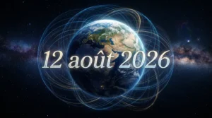 Projet Anchor : la Terre perdra-t-elle sa gravité le 12 août 2026 ? Illustration dramatique de la planète Terre vue depuis l'espace avec visualisation du champ gravitationnel et date lumineuse du 12 août 2026 ( projet Anchor ) sur fond cosmique