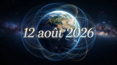 Projet Anchor : la Terre perdra-t-elle sa gravité le 12 août 2026 ? Illustration dramatique de la planète Terre vue depuis l'espace avec visualisation du champ gravitationnel et date lumineuse du 12 août 2026 ( projet Anchor ) sur fond cosmique