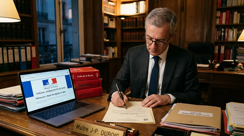 Avocat en droit routier préparant un dossier de contestation de suspension de permis de conduire