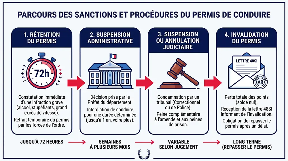 Schéma comparatif des quatre formes de retrait de permis de conduire en France