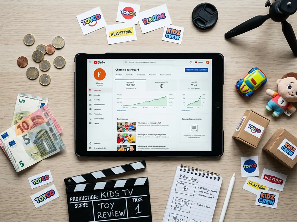 Illustration des revenus et de la monétisation des chaînes YouTube d'enfants youtubeurs, avec graphiques de croissance et produits dérivés