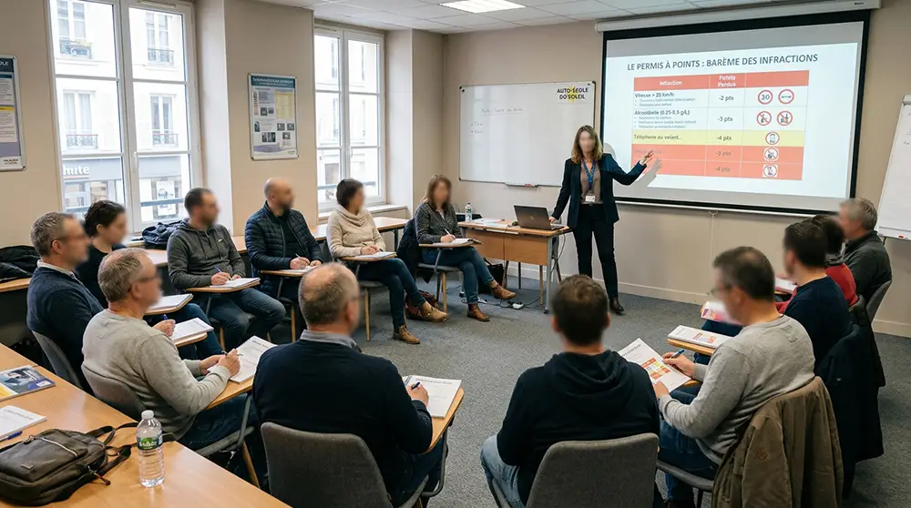 Salle de formation avec des participants suivant un stage de récupération de points