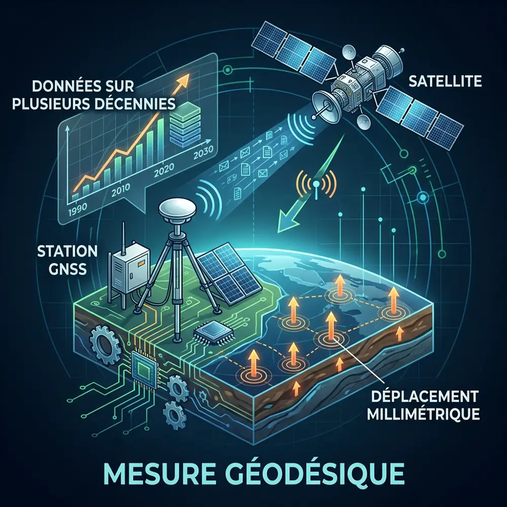 Illustration d'une station GNSS au sol avec satellite en orbite mesurant des déplacements millimétriques de la croûte terrestre