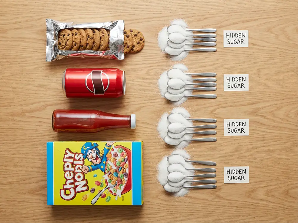 Aliments industriels emballés entourés de cuillères de sucre blanc symbolisant le sucre ajouté caché