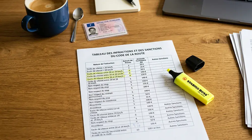Document imprimé montrant le tableau du barème de retrait de points du permis de conduire