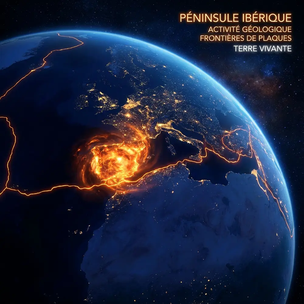 Vue artistique de la Terre depuis l'espace avec la péninsule ibérique illuminée symbolisant son activité géologique interne