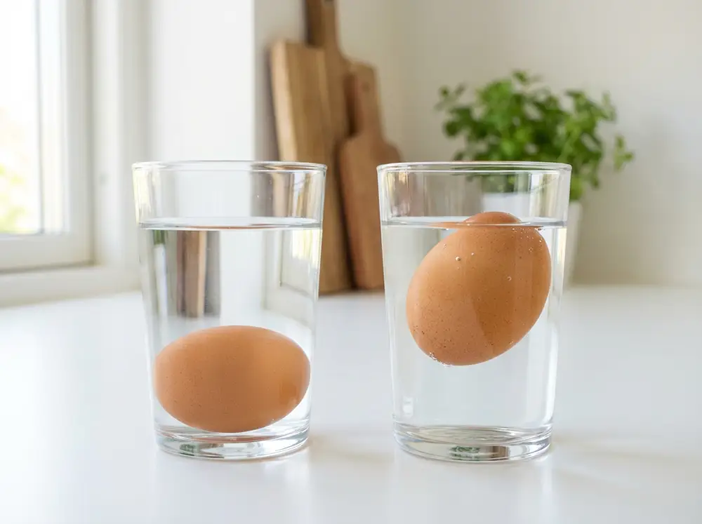 Œuf frais au fond d'un verre d'eau pour tester sa fraîcheur avant congélation