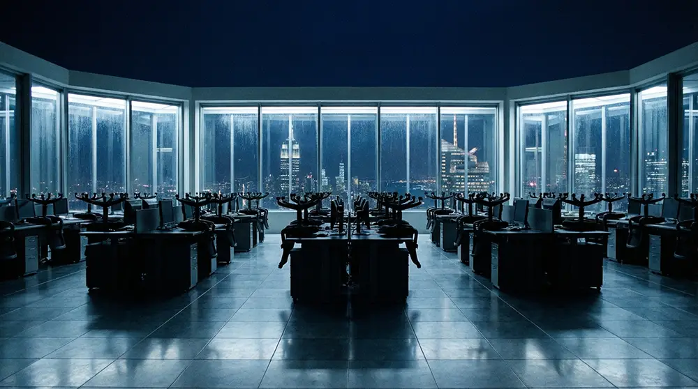 Open space de grande entreprise tech vide après vague de licenciements liée à la transformation IA emplois