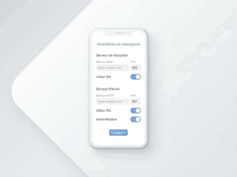 Écran de smartphone montrant la configuration IMAP et SMTP du Webmail ac-rennes.fr