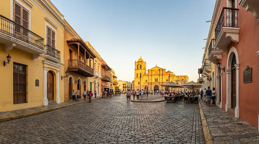 Vue sur les rues pavées et bâtiments coloniaux de la Zona Colonial de Santo Domingo, inscrite à l'UNESCO en 1990