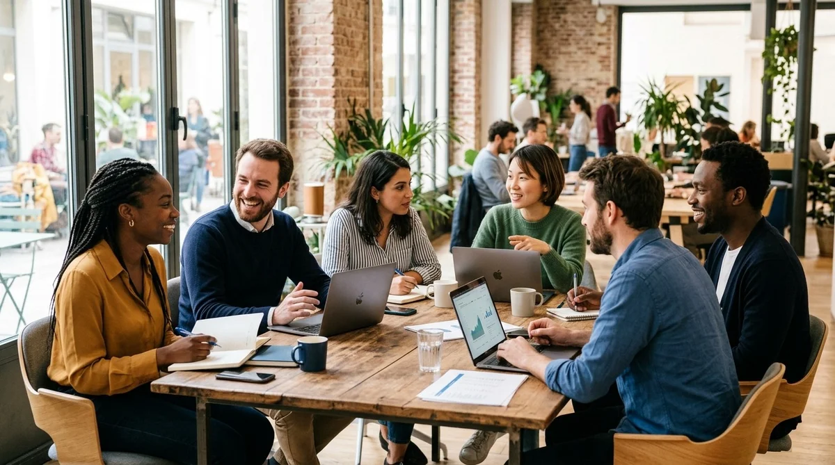 Actifs 30 ans reconversion professionnelle et freelance en 2026 Groupe de jeunes actifs de 30 ans en train de se former et collaborer, symbole de l'employabilité active