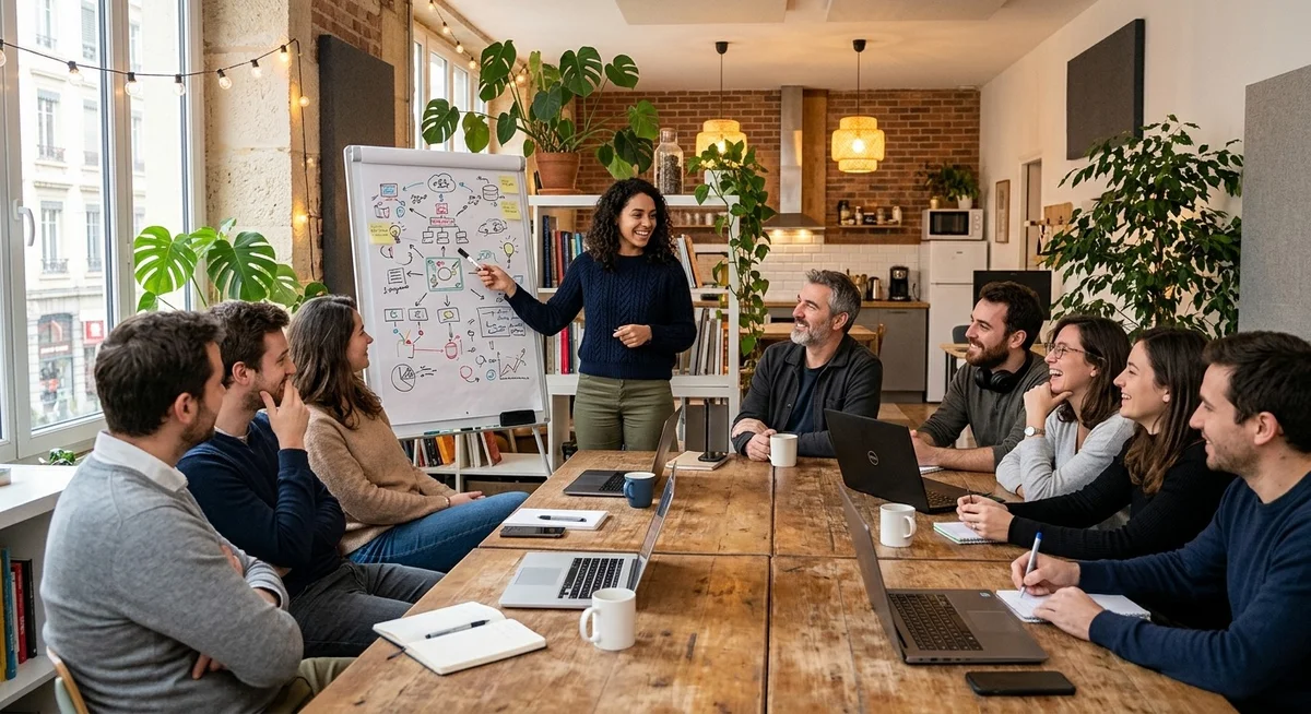 Jeune cadre en quête d'autonomie et de sens dans une petite entreprise Jeune manager présentant ses idées directement au dirigeant dans un bureau de startup à taille humaine