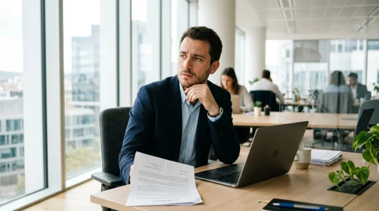 Jeune actif de 30 ans pensif devant son bureau, symbolisant la remise en question du CDI comme protection emploi