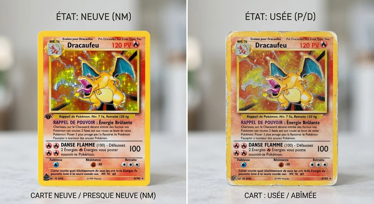 Comparaison d'une carte Pokémon en parfait état Near Mint et d'une carte usée avec coins abîmés