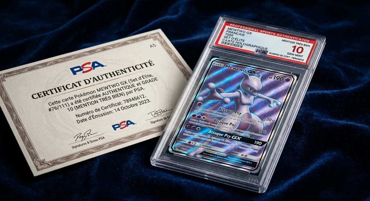 Gradation PSA et PCA pour certifier la valeur d'une carte Pokémon Carte Pokémon gradée PSA 10 dans son étui plastique avec certificat d'authenticité