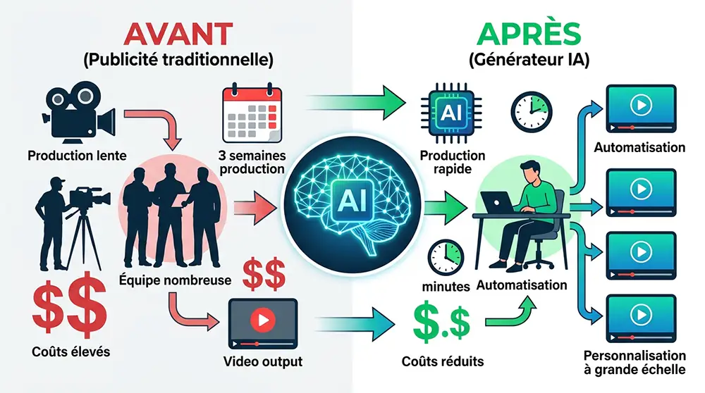alt="Infographie transformation écosystème publicitaire par IA - réduction coûts et temps de production vidéo marketing"