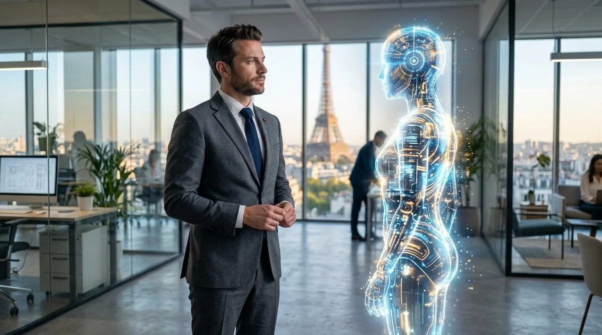 Intelligence artificielle menace emplois cadres France 2026 Robot et cadre en CDI face à face, symbolisant la menace de l'IA sur les emplois qualifiés