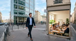 Pourquoi les jeunes cadres quittent les grandes entreprises pour des structures de 10 personnes Jeune cadre qui tourne le dos à une grande tour de bureau pour entrer dans un petit open space chaleureux de 10 personnes
